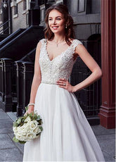 Charming Tulle V-neck A-line Wedding Dress With Beaded Lace Appliquess